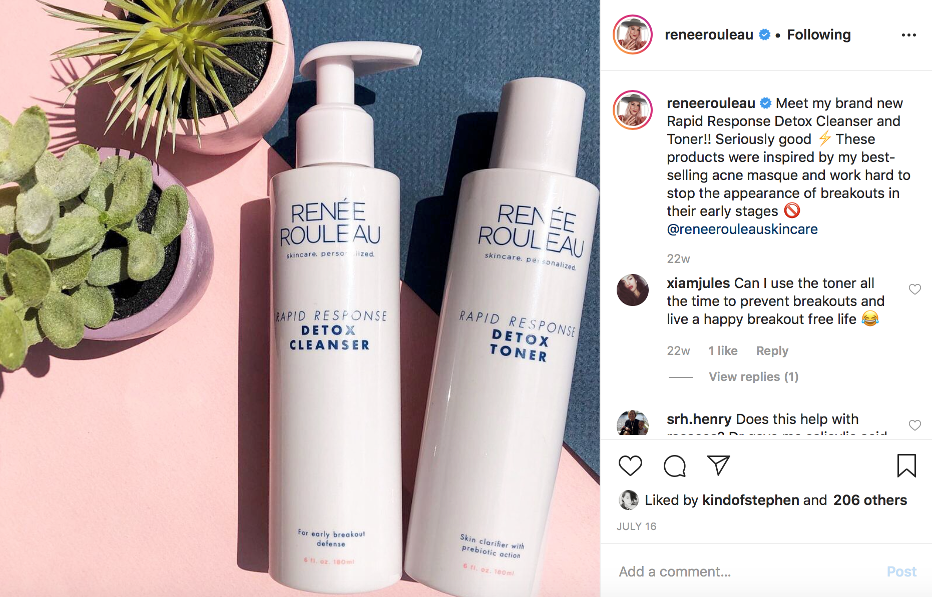 A photo of the Detox Cleanser and Toner from Renee Rouleau taken from her instagram