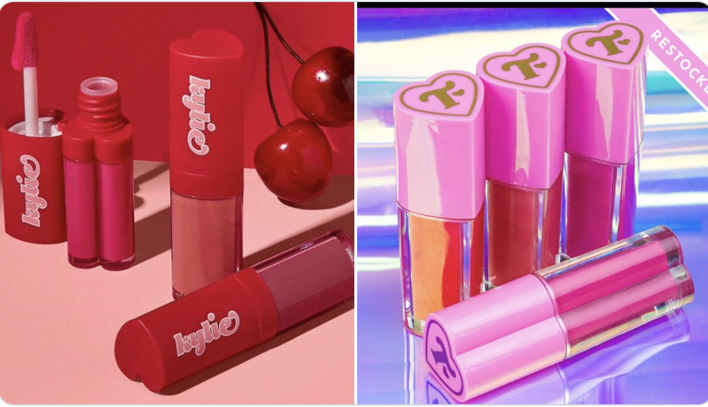 A side by side of Kylie's new lipglosses with Trixie Mattel's with very similar packaging
