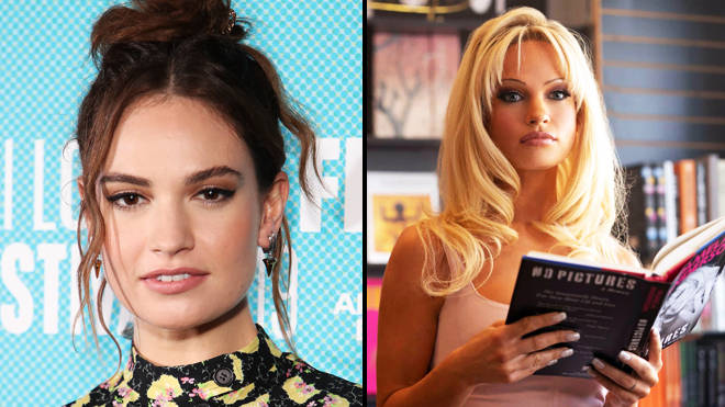 A side by side of Lily James in and out of her Pamela Anderson makeup for Pam & Tommy
