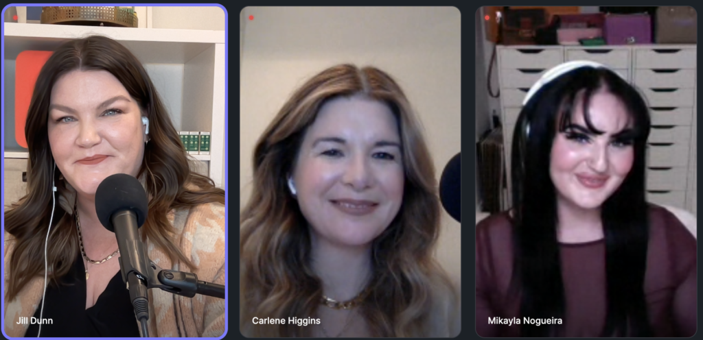 A screenshot of the zoom (video conferencing app) video with Jill, Carlene, and Mikayla in frame
