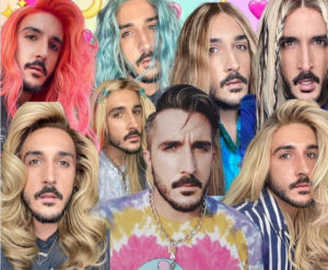 A collage of photos of Clayton in his many different wigs - taken from his instagram