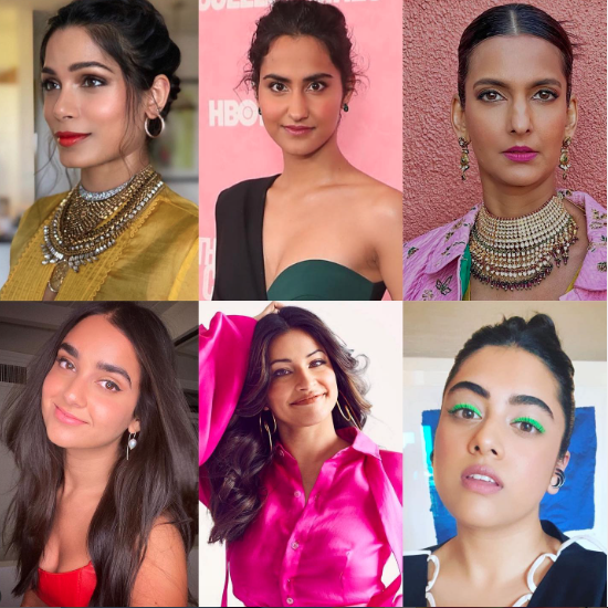 A collage of 6 South Asian woman Kirin has done makeup on, pulled from her instagram 