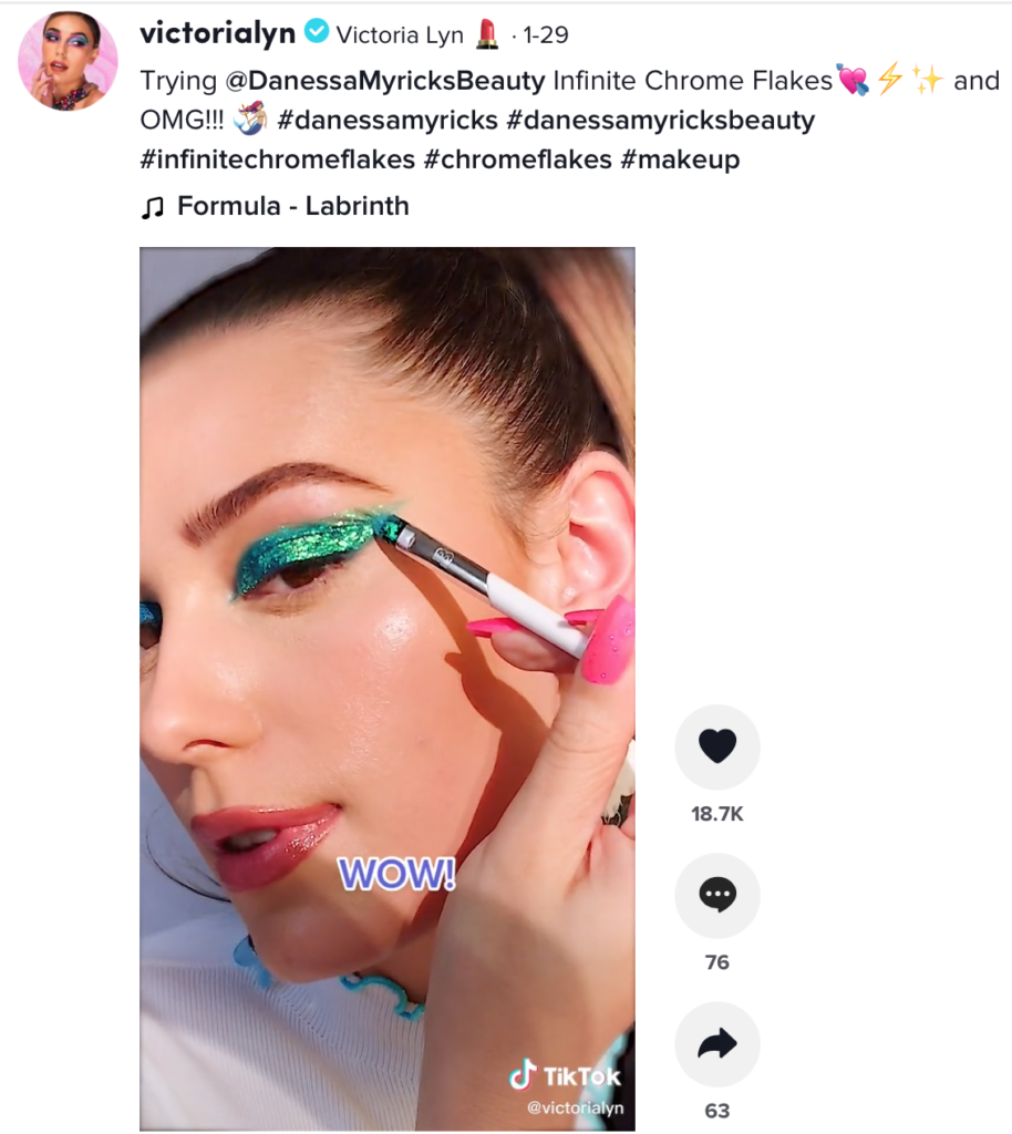 A screenshot from @victorialyn on tik tok, of the tiktoker trying out the Chrome Flakes in pride