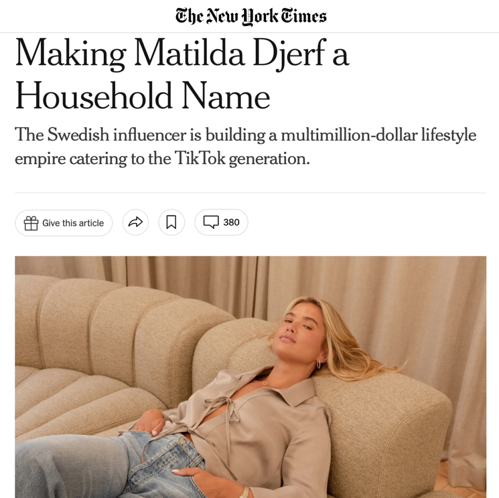 A crop of an article of Matilda Djerf being featured in the New York Times