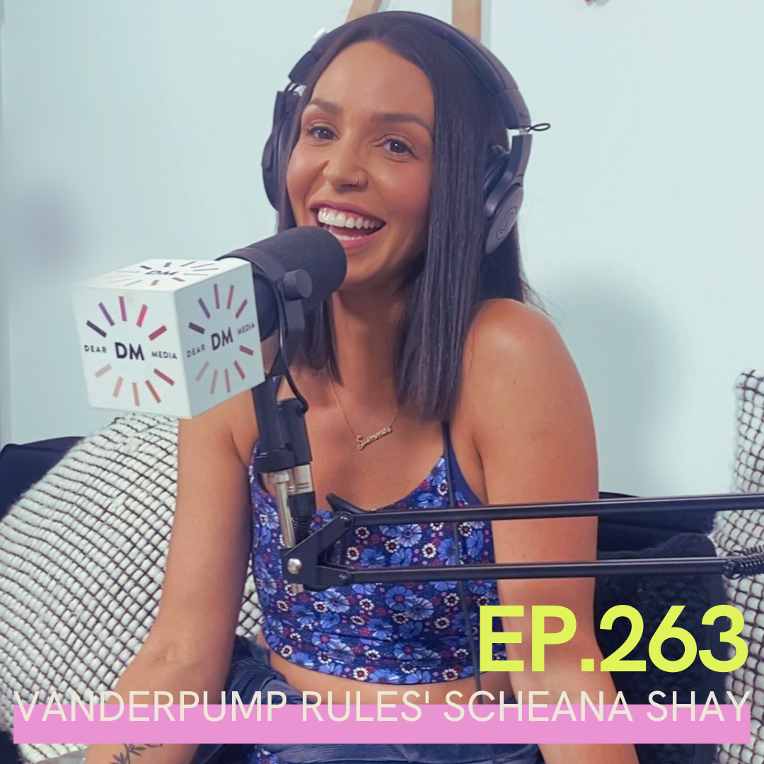 A photo of Scheana Shay with a Dear Media microphone in front of her and Vanderpump Rules' Scheana Shay, Ep. 263, written over top of it