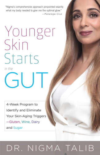 A photo of the cover of Dr. Nigma Talib's book, "Younger Skin Starts in the Gut"