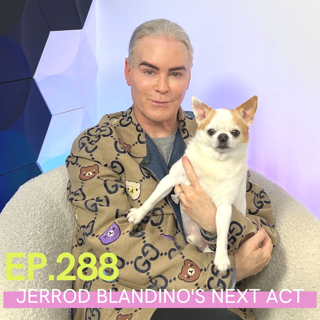 A photo of Jerrod Blandino holding his white dog with the words, "ep. 288 - Jerrod Blandino's Next Act" over it