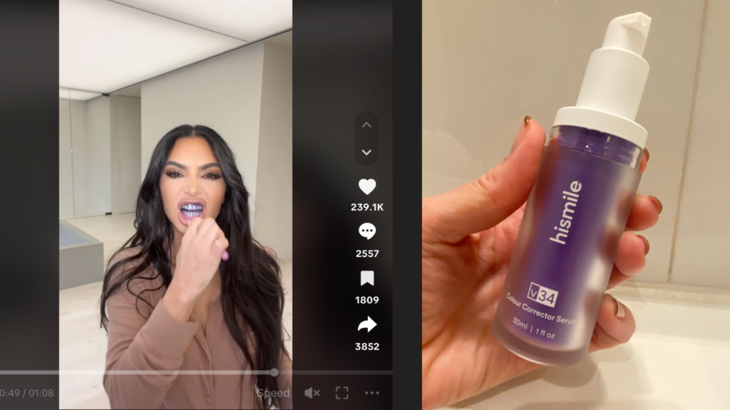 Kim Kardashian using the purple colour correcting toothpaste